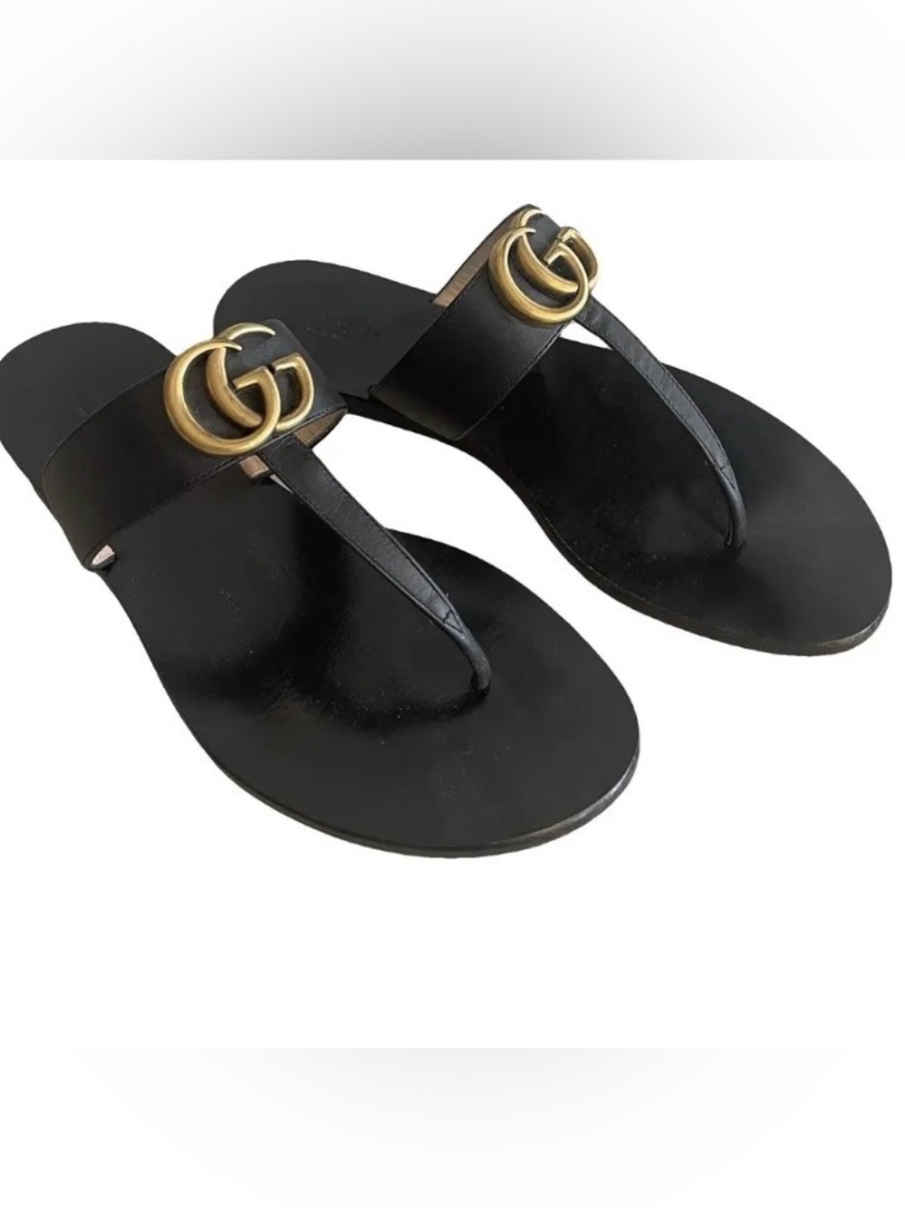 Gucci Black Leather GG Thong Sandals with Gold Hardware